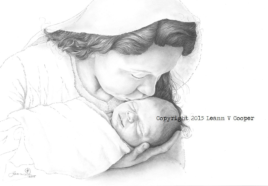 graphite drawing Mary and baby Jesus nativity