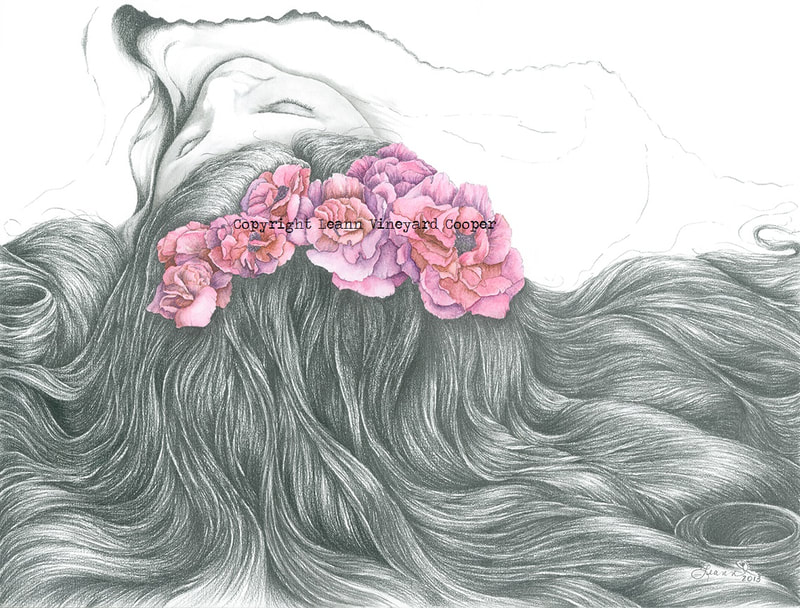 original graphite drawing dreaming floral long hair