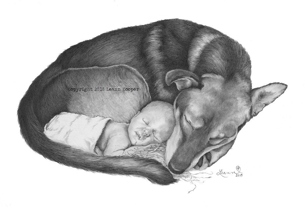 graphite drawing baby Jesus with dog 